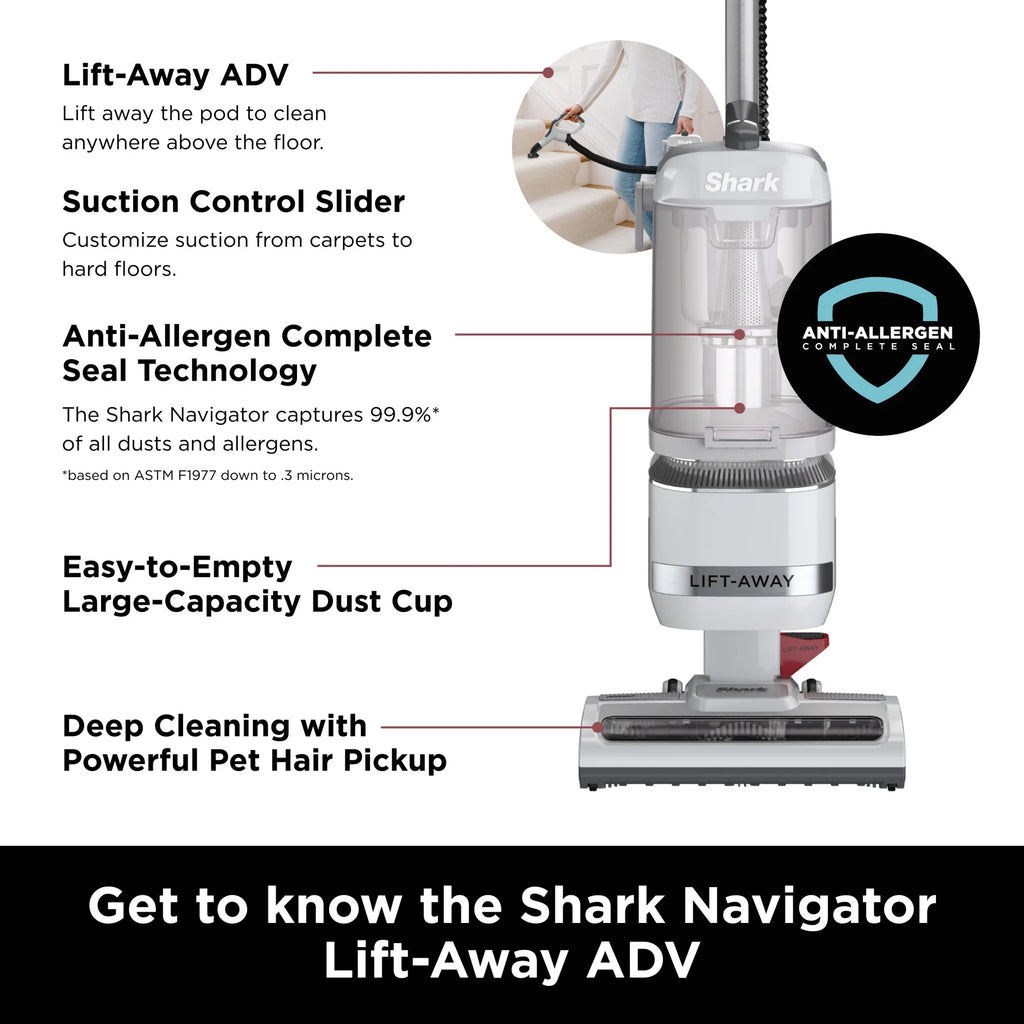 Shark Bagless Upright Vacuum, Navigator Advanced Lift Away with Powerful Hair Pickup, Crevice and Upholstery Tool, Anti Allergen Seal, Easy to Empty, Large Dustbin, Grey, LA300