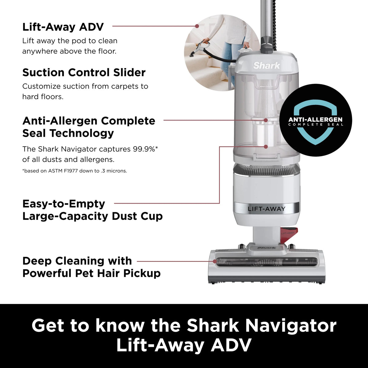 Shark Bagless Upright Vacuum, Navigator Advanced Lift Away with Powerful Hair Pickup, Crevice and Upholstery Tool, Anti Allergen Seal, Easy to Empty, Large Dustbin, Grey, LA300
