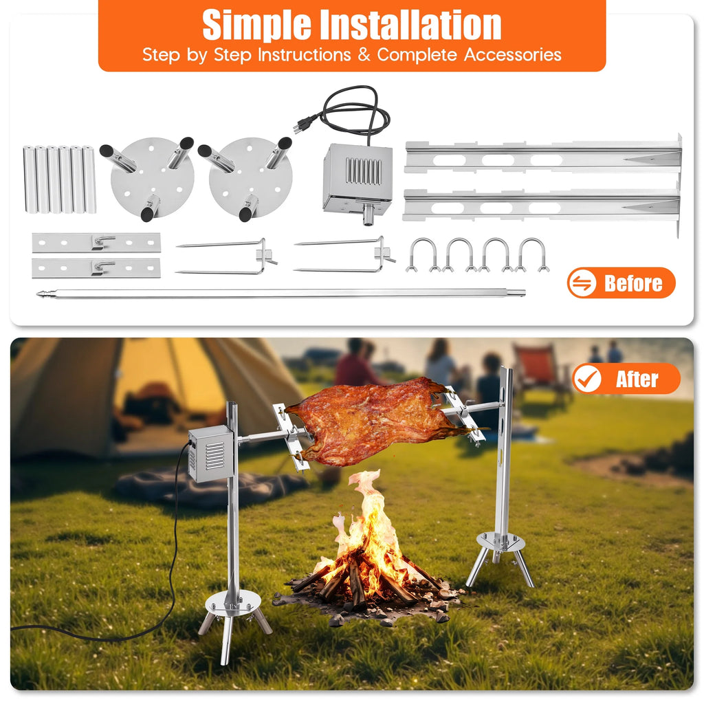 LUXOAK Electric BBQ Rotisserie Grill Kit, 46" 132 Lbs Capacity, 45W Motor, Height-Adjustable Stainless Steel Pig Roaster with Triangular Stability Support Stand for Pig Lamb