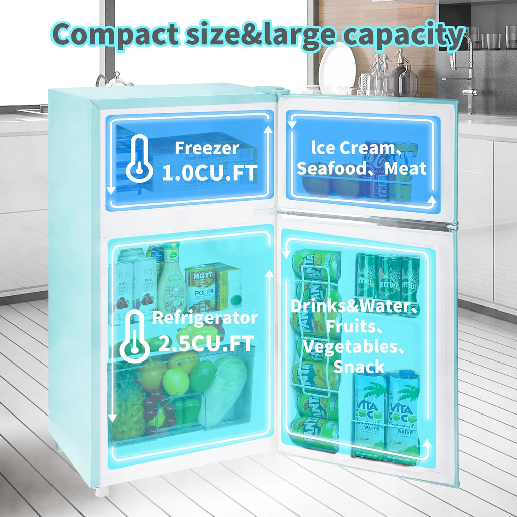 Two Door Mini Refrigerator with Freezer,3.5Cu.ft Small Freezer for Bedroom Dorm Gameroom,Blue