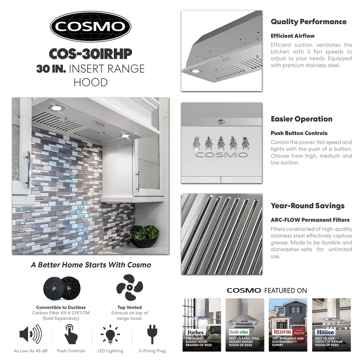 30 in. Insert Range Hood with Push Button Controls in Stainless Steel
