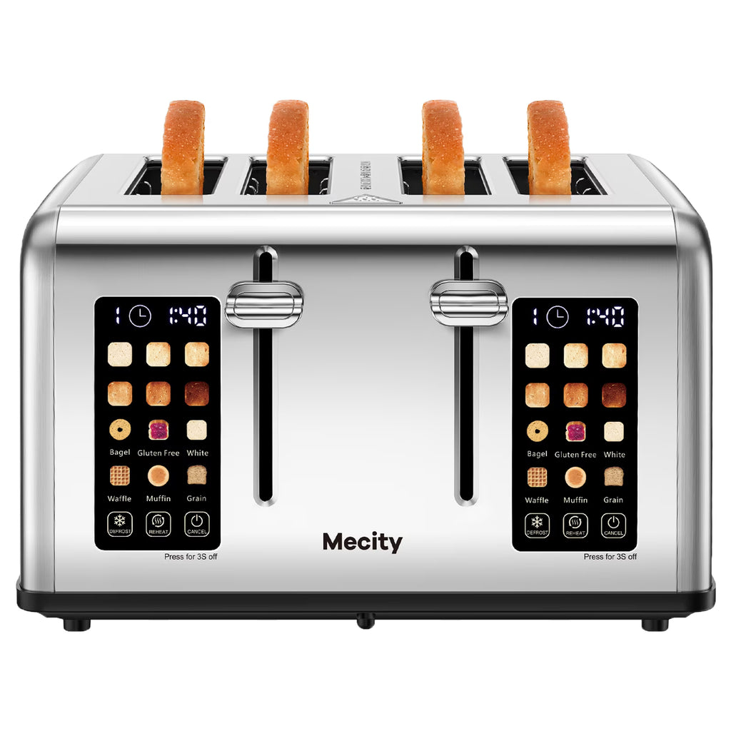 Mecity 4-Slice Touchscreen Toaster, Stainless Steel, 6 Browning Settings, Reheat, Cancel, Defrost, Removable Tray
