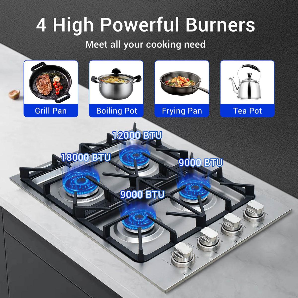 SINDA 30 Inch Gas Cooktop With Four Sealed Burners, NG/LPG Convertible, in Stainless Steel