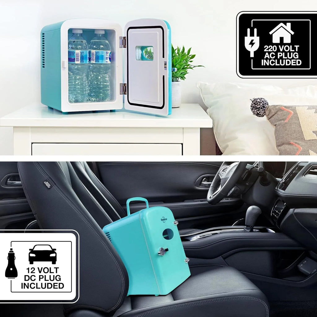 Mini Fridge - Refrigerator for Bedroom Office, Portable Table Top Beverage Cooler, 12V 110V Refrigerador For Drinks, Soda, Wine, Use In Car, Dorm, Outdoor, Patio, 6 Can