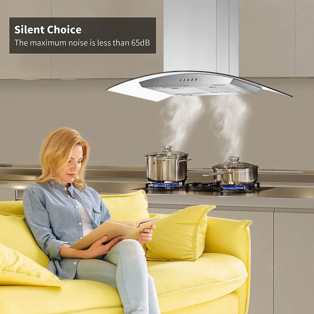 "Joeaonz 30"" Island Mount Range Hood, Stainless Steel, LED Bulbs, Easy-Clean Filters, 120V"