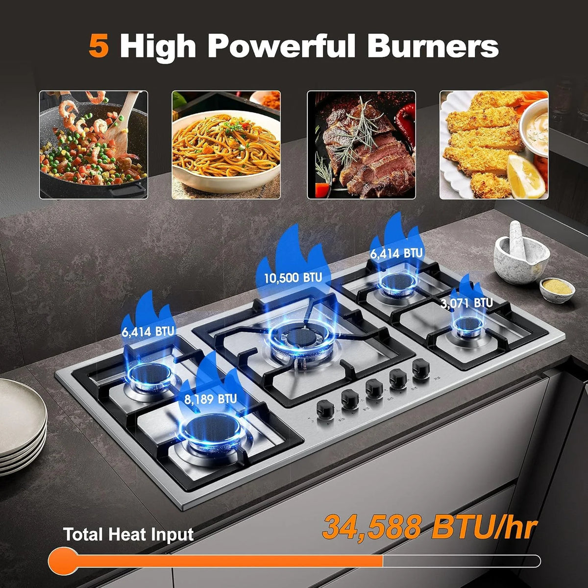 Amzgachfktch 36 Inch Gas Cooktop 5 Burner Built in Stainless with Thermocouple Protection, LPG/Natural Gas Convertible