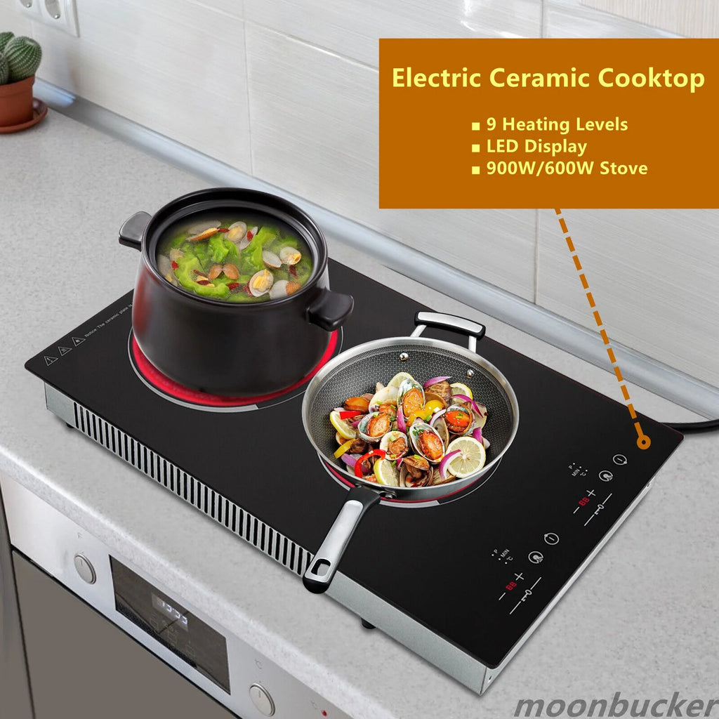 Home Electric 110V Ceramic Stove Cooktop Sensor Touch Control 2 Burners with Plug,Black,20.08x11.34in,Modern Style