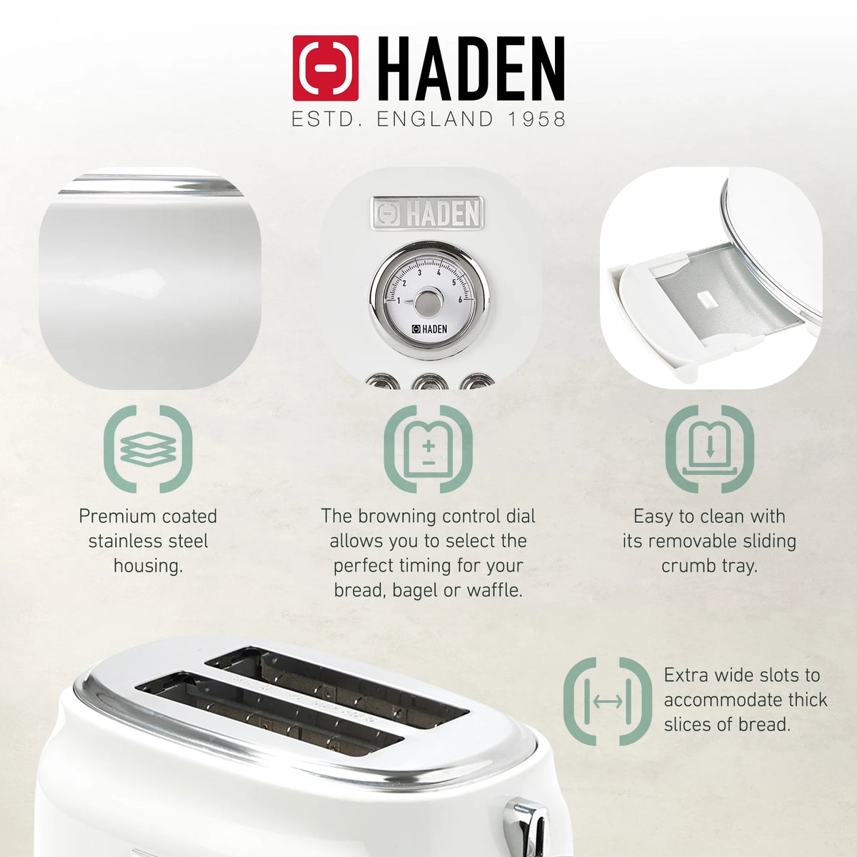 Haden Dorset 2 Slice Wide Slot Stainless Steel Toaster, Cedar Green/Chrome