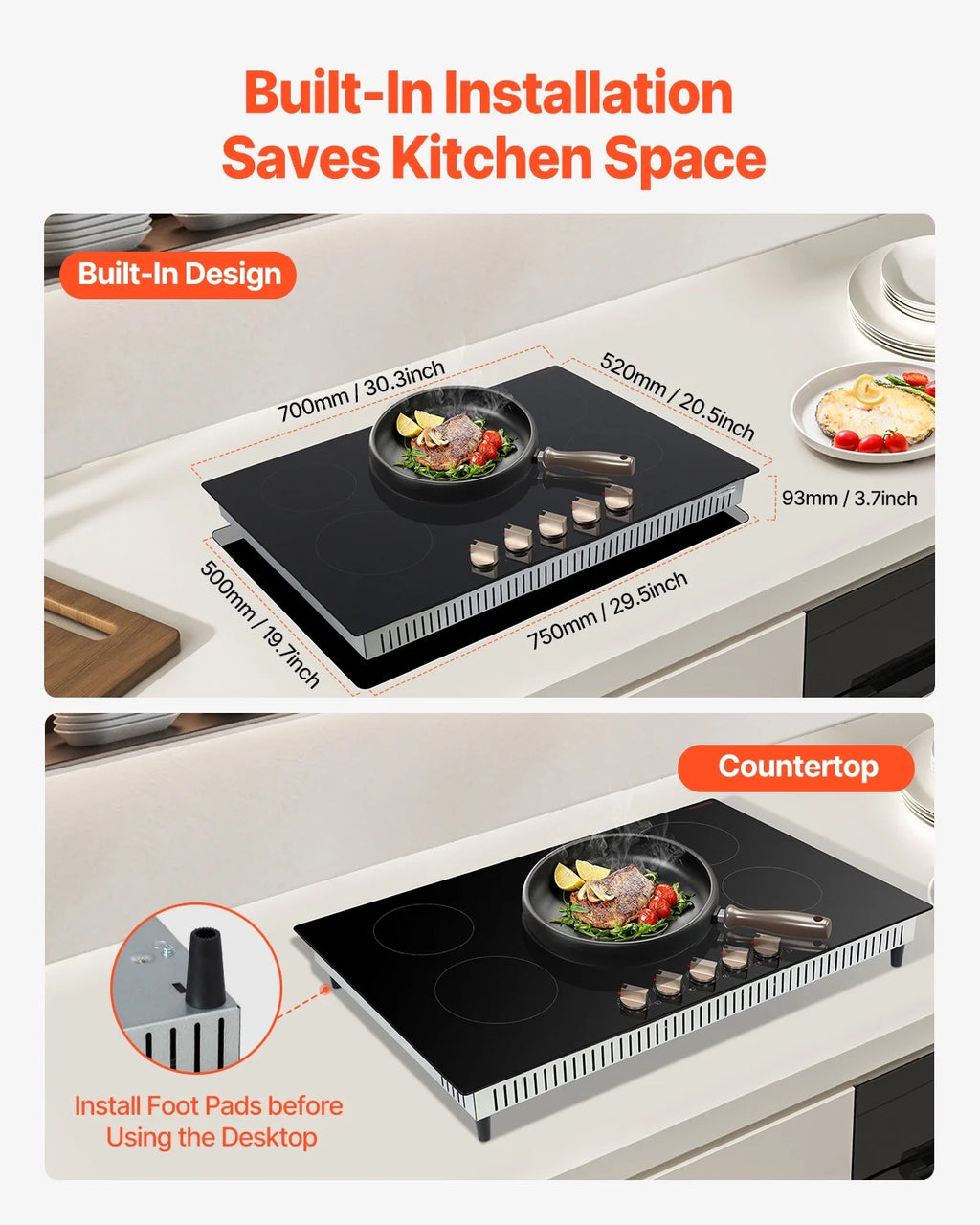 KFFKFF 30 Inch Induction Stove, 9200W Built-in Stove Top, 5 Burner Electric Cooktop with Knob Control Cooktop, 12 Power Levels Integrated Induction Stove with Glass Top, Automatic Power-Off