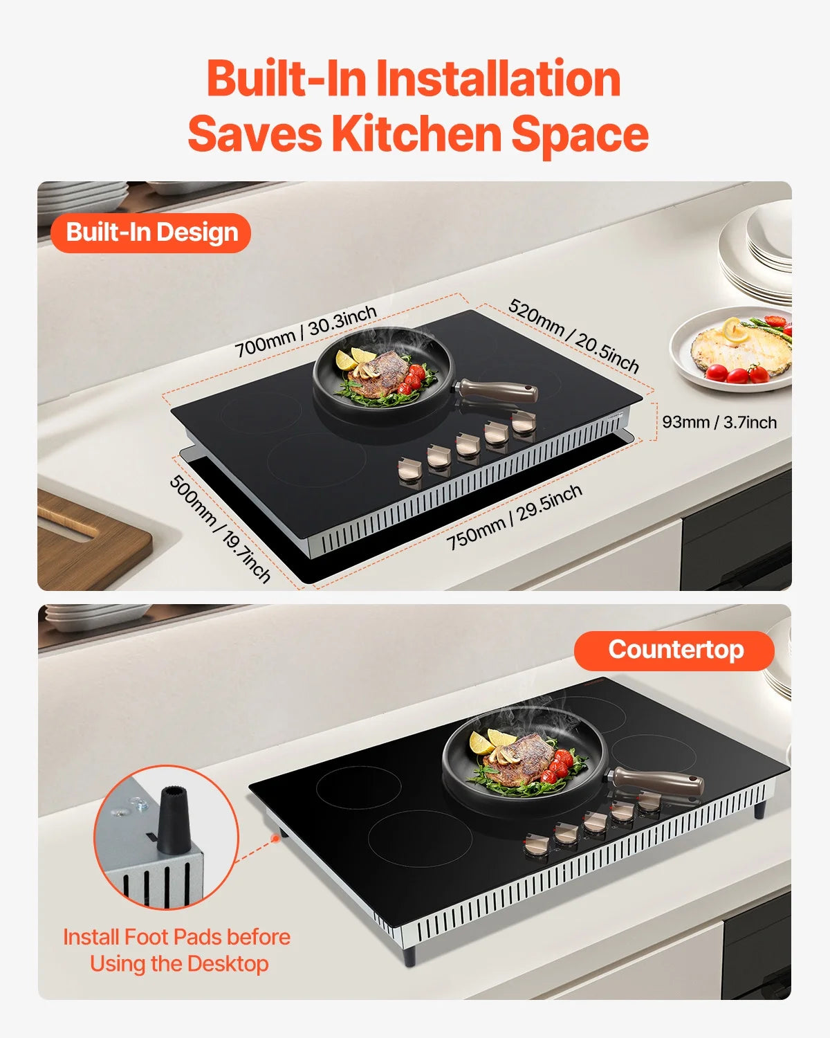 KFFKFF 30 Inch Induction Stove, 9200W Built-in Stove Top, 5 Burner Electric Cooktop with Knob Control Cooktop, 12 Power Levels Integrated Induction Stove with Glass Top, Automatic Power-Off