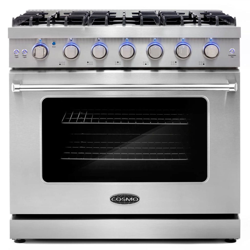 Cosmo 5 Piece Kitchen Appliance Package with 36" Freestanding Gas Range 36" Island Range Hood 24" Built-in Fully Integrated Dishwasher French Door Refrigerator & 48 Bottle Wine Refrigerator