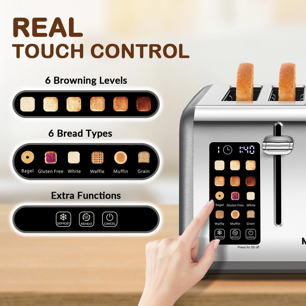 Mecity 4-Slice Touchscreen Toaster, Stainless Steel, 6 Browning Settings, Reheat, Cancel, Defrost, Removable Tray