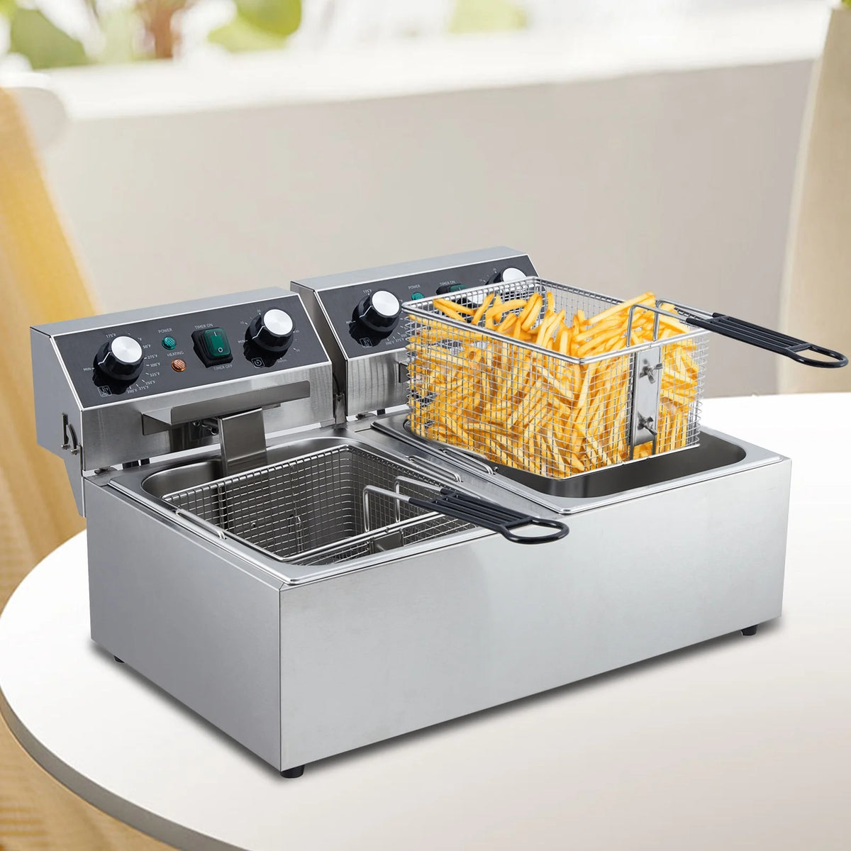 Yesurprise 6/10/12L Commercial Electric Deep Fryer Dual Tank w/Basket & Lid Countertop Stainless Steel Deep Fryer for Large Tank French Fries Onion Rings