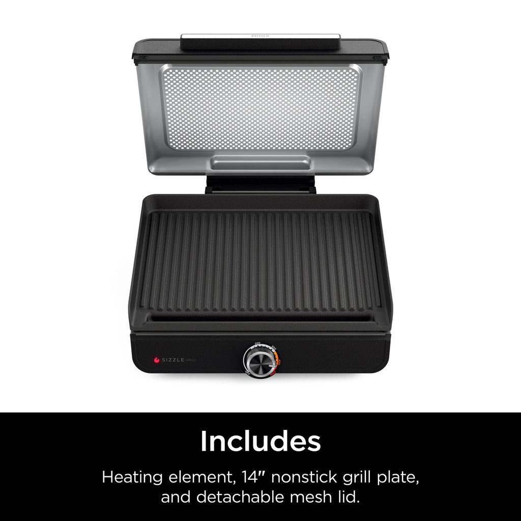 Ninja Sizzle Indoor Grill, 14'' Nonstick Grill Plate, Dishwasher-Safe Removable Mesh Lid, Even Edge-to-Edge Cooking, Black/Silver, GR100