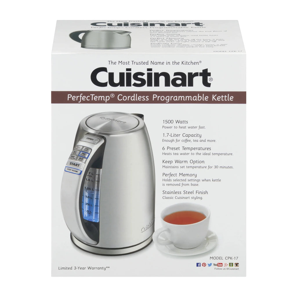 Cuisinart PerfectTemp Cordless Electric Kettle Brushed Stainless Steel (CPK-17) with 1 YR CPS Enhanced Protection Pack