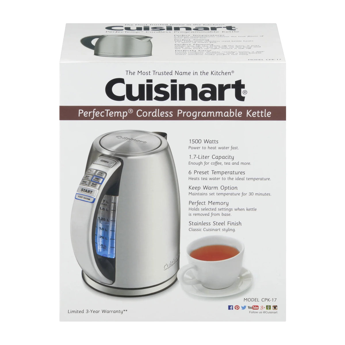 Cuisinart PerfectTemp Cordless Electric Kettle Brushed Stainless Steel (CPK-17) with 1 YR CPS Enhanced Protection Pack