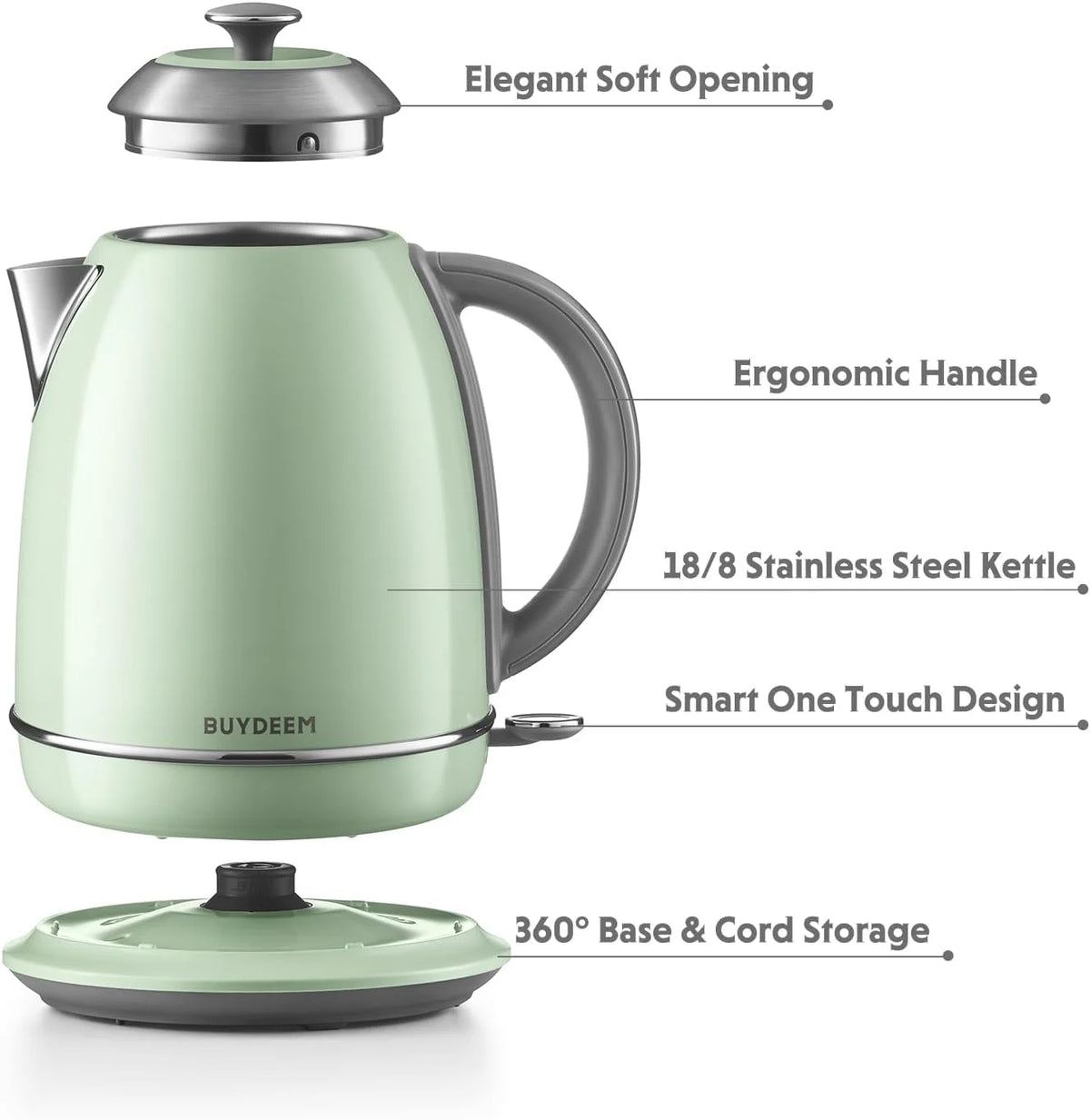 BUYDEEM K640N Stainless Steel Electric Kettle with Auto Shut-Off & Boil Dry Protection, 1.7L Cordless Hot Tea Water Boiler with Swivel Base, 1440W Fast Heating