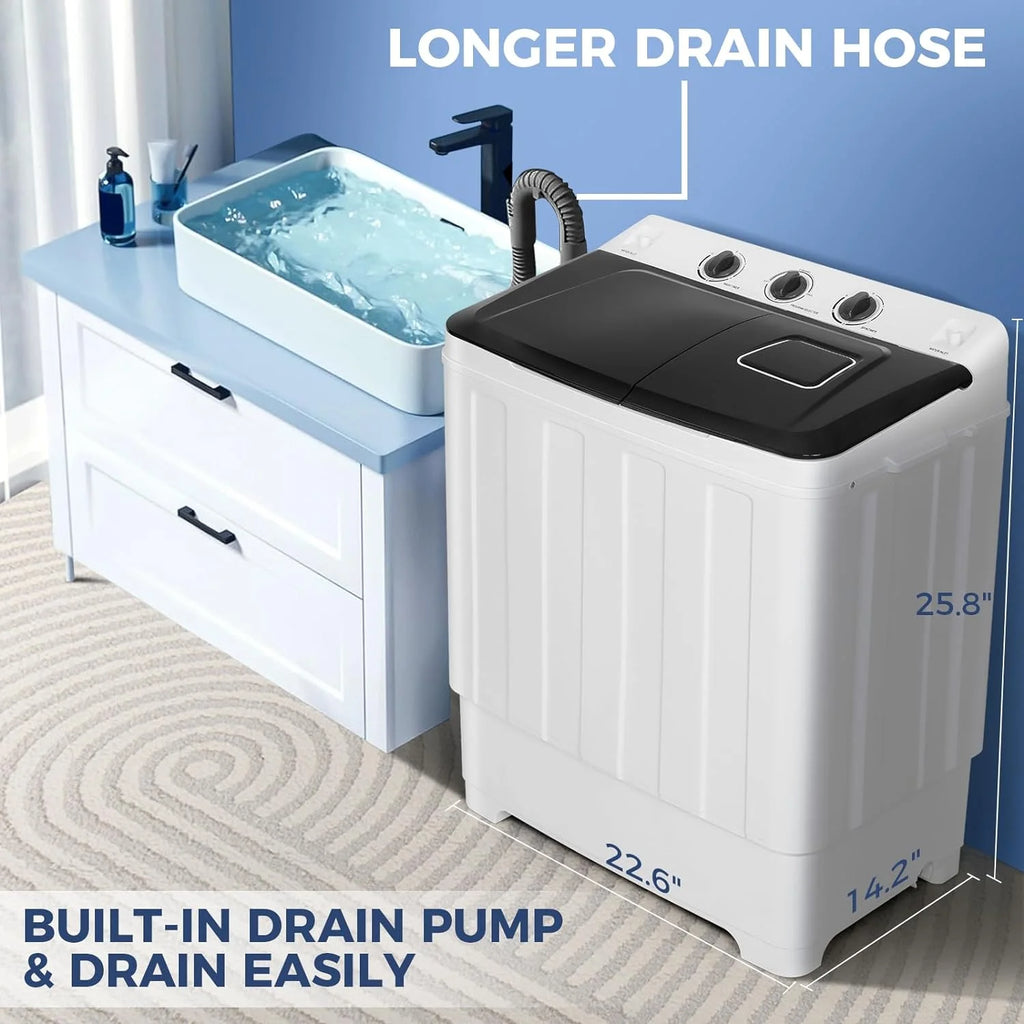 Qhomic Portable Washer 30lbs, 2-in-1 Twin Tub Washer & Dryer Combo Compact Semi-Automatic Washing Machine with Drain Pump, Black