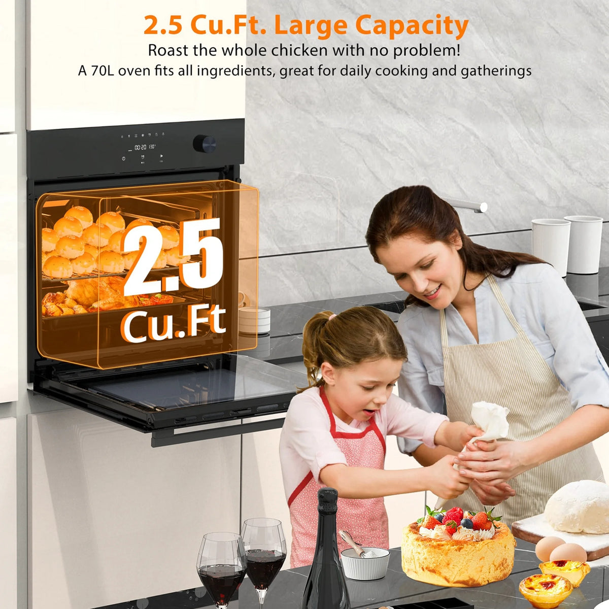 Aoile 24" Built-in Single Wall Convection Oven with 2.5 Cu.Ft. Capacity, 3000W Electric Oven with 11 Cooking Modes, Touch Control