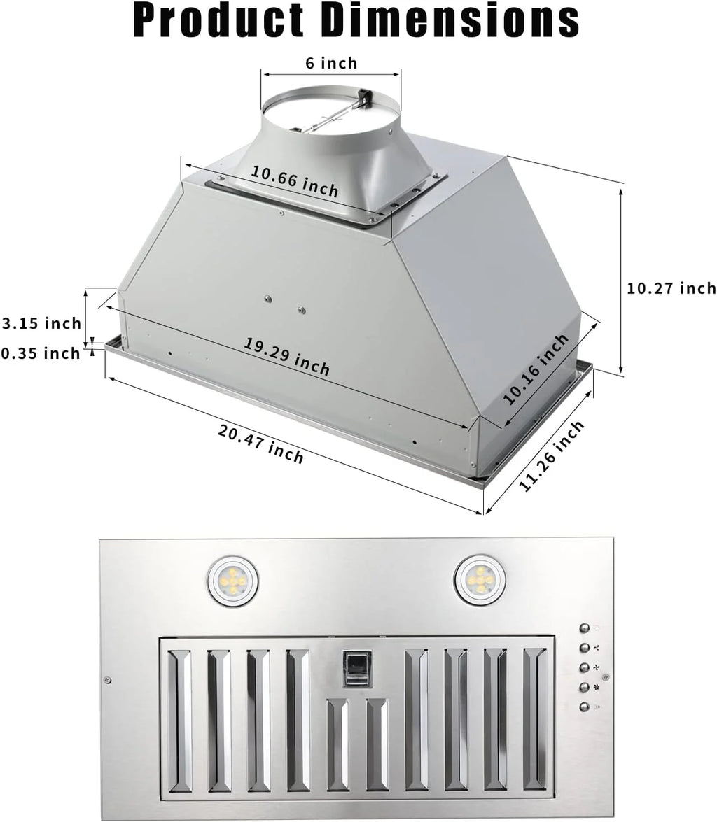 20 inch Range Hood Built-in 800CFM Stainless Kitchen Vent Exhaust 3-Speed with Led Bulb Filters 120V