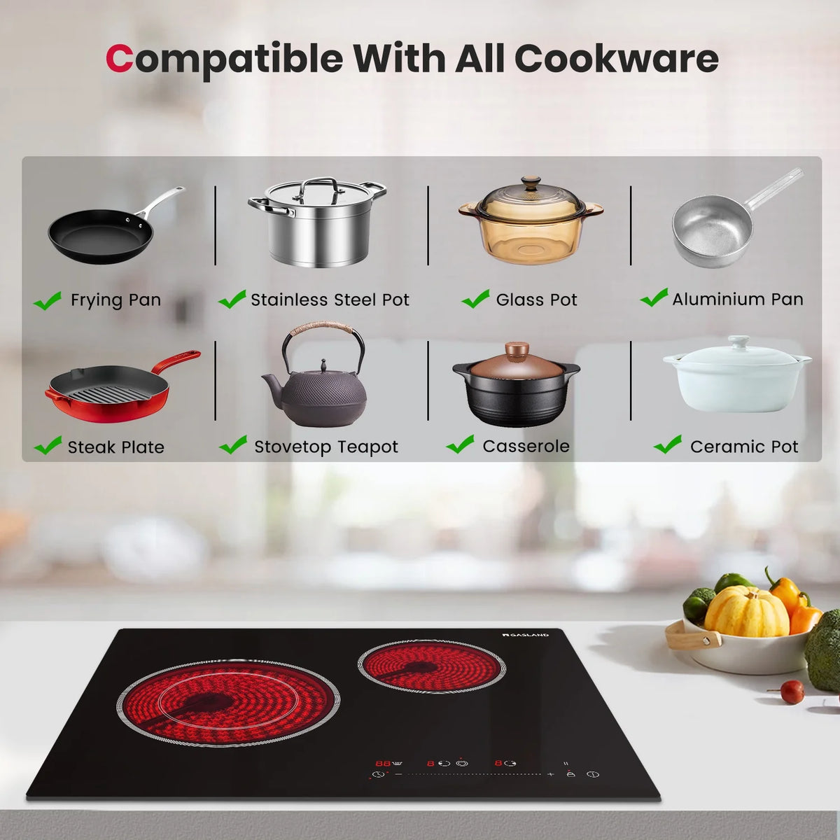 GASLAND 21 Inch 2 Burners Electric Cooktop, ETL Certificated,  Built-in Radiant Ceramic Apartment Cooktop, 3700 W Electric Stove Top, 240 V