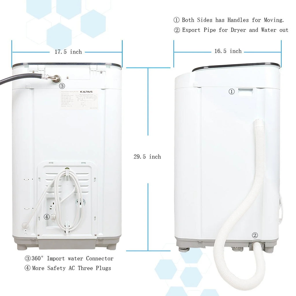 Compact Washing Machine, KAPAS Fully Automatic 2-in-1 Washer & Dryer Machine with 8 lbs. Capacity Top Load Tub Washer in White