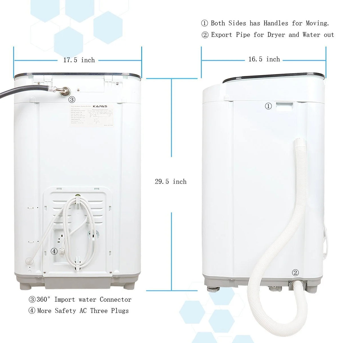 Compact Washing Machine, KAPAS Fully Automatic 2-in-1 Washer & Dryer Machine with 8 lbs. Capacity Top Load Tub Washer in White