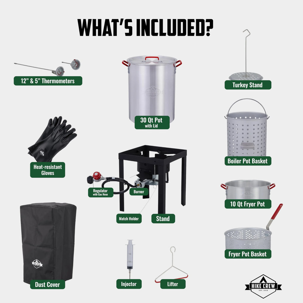 Hike Crew 14-Piece Outdoor Turkey Fryer Kit W/30Qt Boiler Pot, 10Qt Turkey Fryer Pot, Stand & More