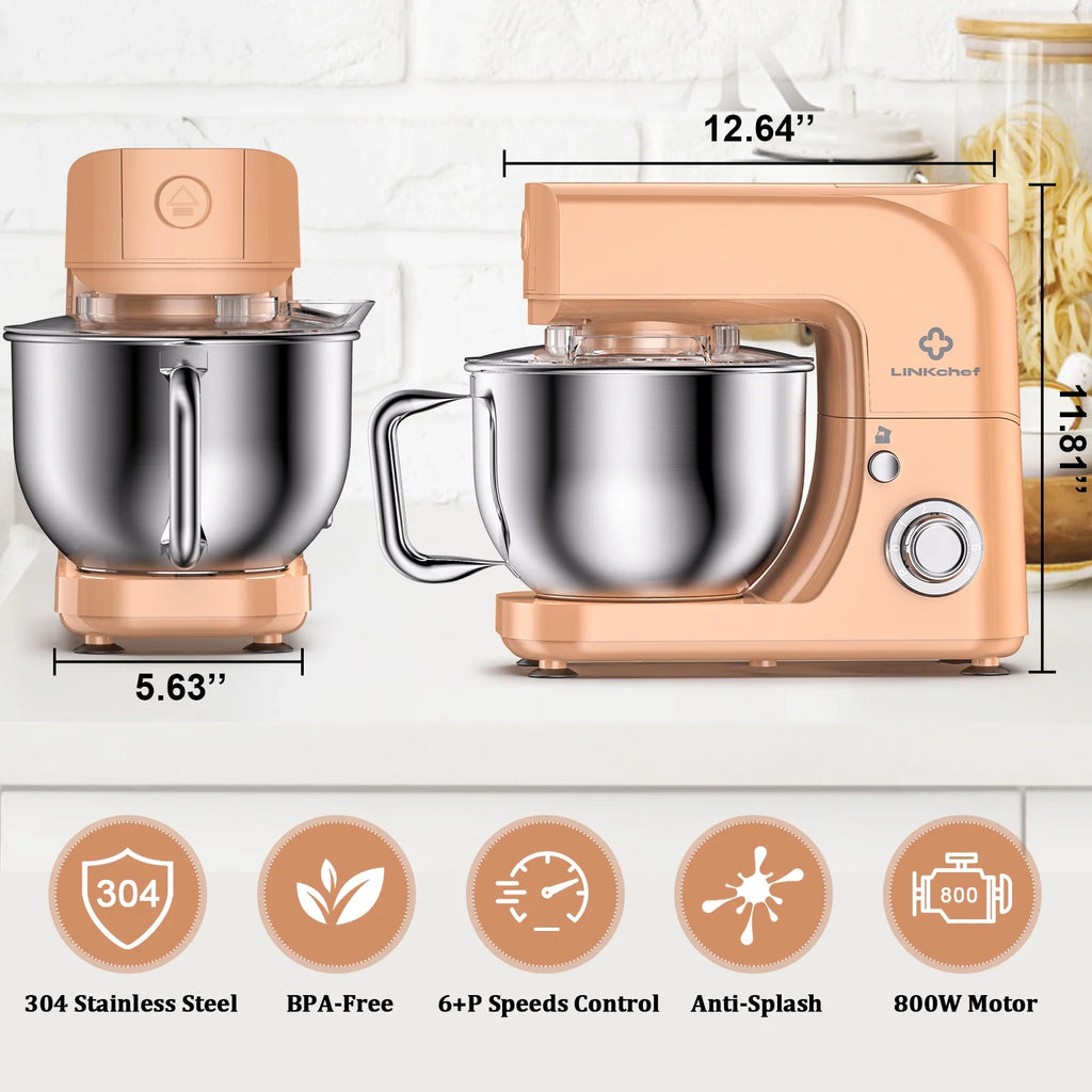LINKChef Stand Mixer, 5.3QT 800W 6+P Speeds with Whisk, Dough Hook and Beater (White)
