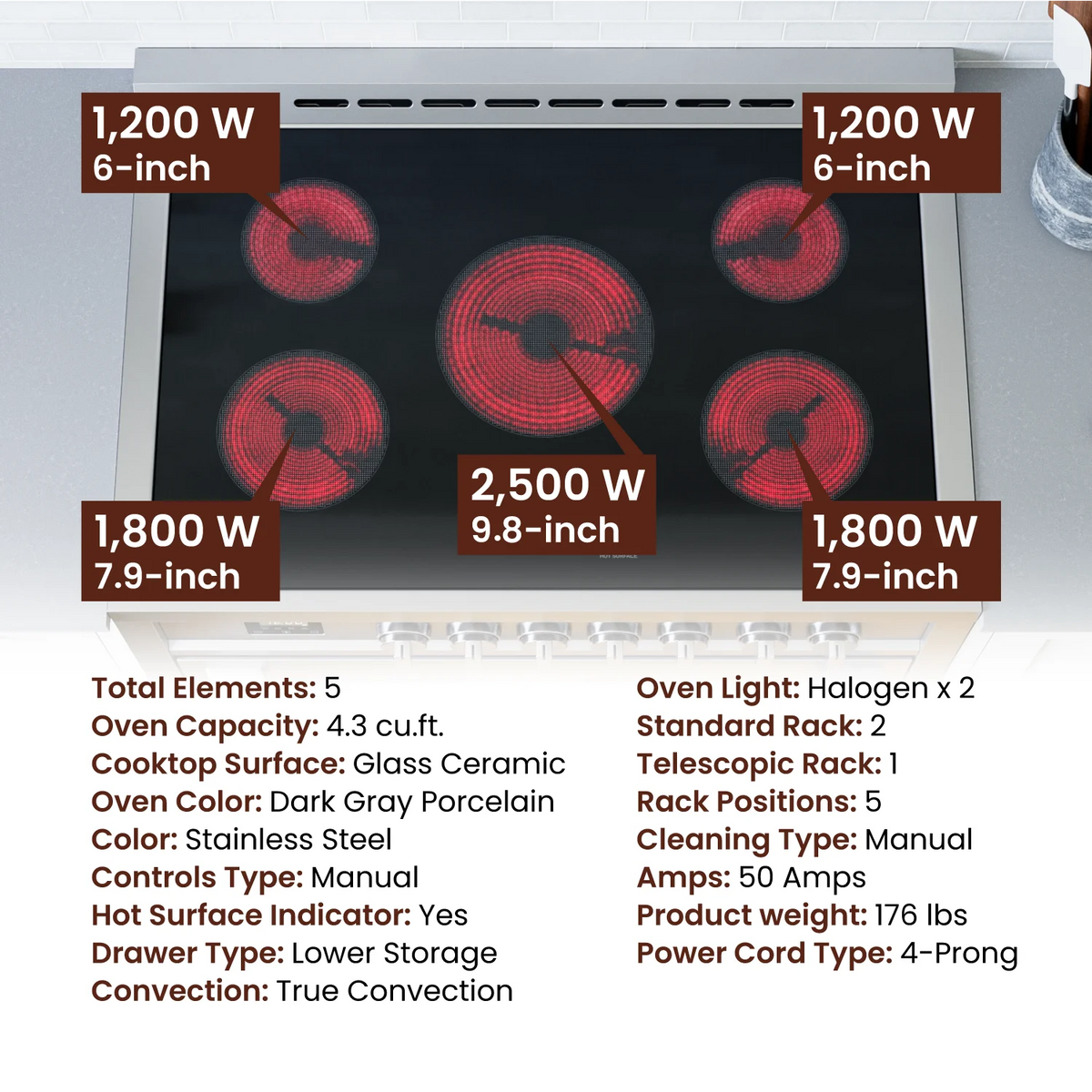Rangaire RRE361TS 36" Electric Range Oven with Timer - Stainless Steel, Infrared Stove Burners, True Convection, Easy Reach Racks