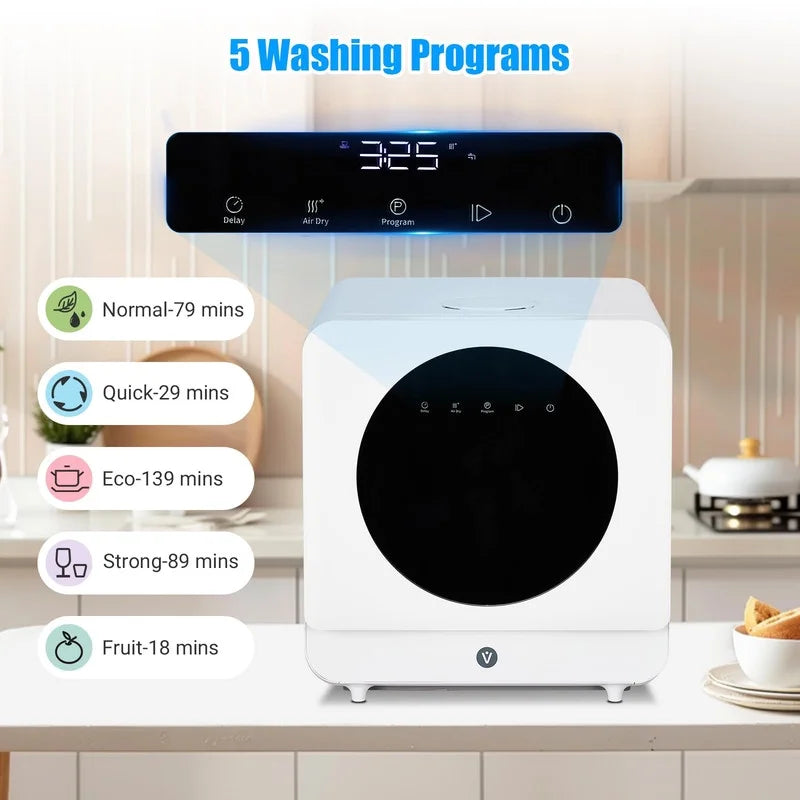 Towallmark 5 Program, Countertop Dishwasher, Portable Dishwasher with Touch Control, Air Drying Function, 2 In 1 Tabletop Dishwasher for Home Apartments, White