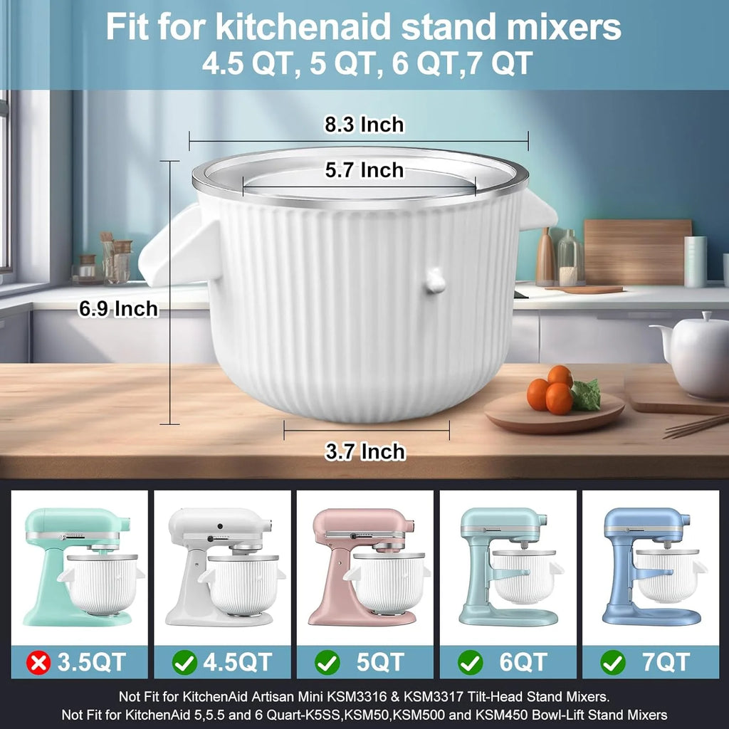 Ice Cream Maker Attachment for Kitchen Aid Stand Mixer, 2 Quart, Ice Cream & Sorbet Maker Machine, Fits and Larger Stand Mixers, with 2 Ice Cream Holder