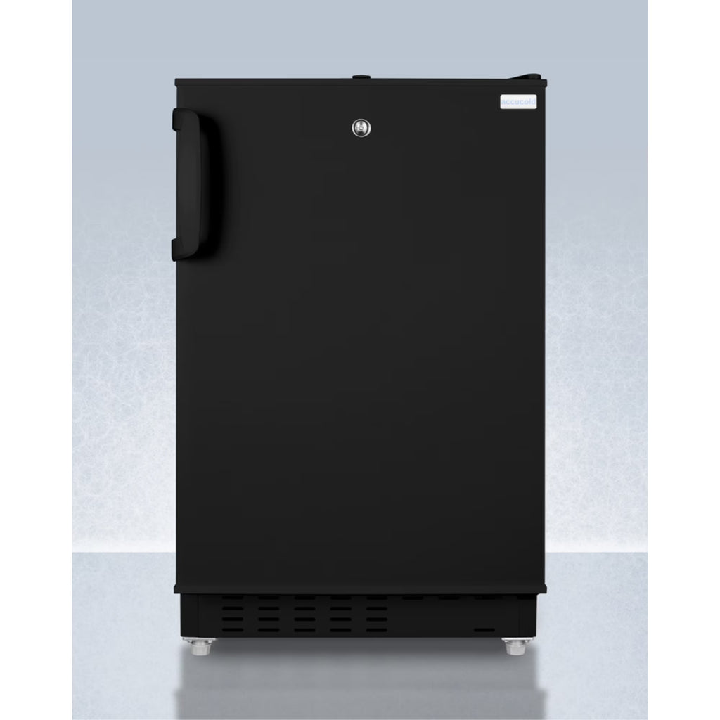 20" wide built-in undercounter ADA compliant refrigerator-freezer in black with a front lock