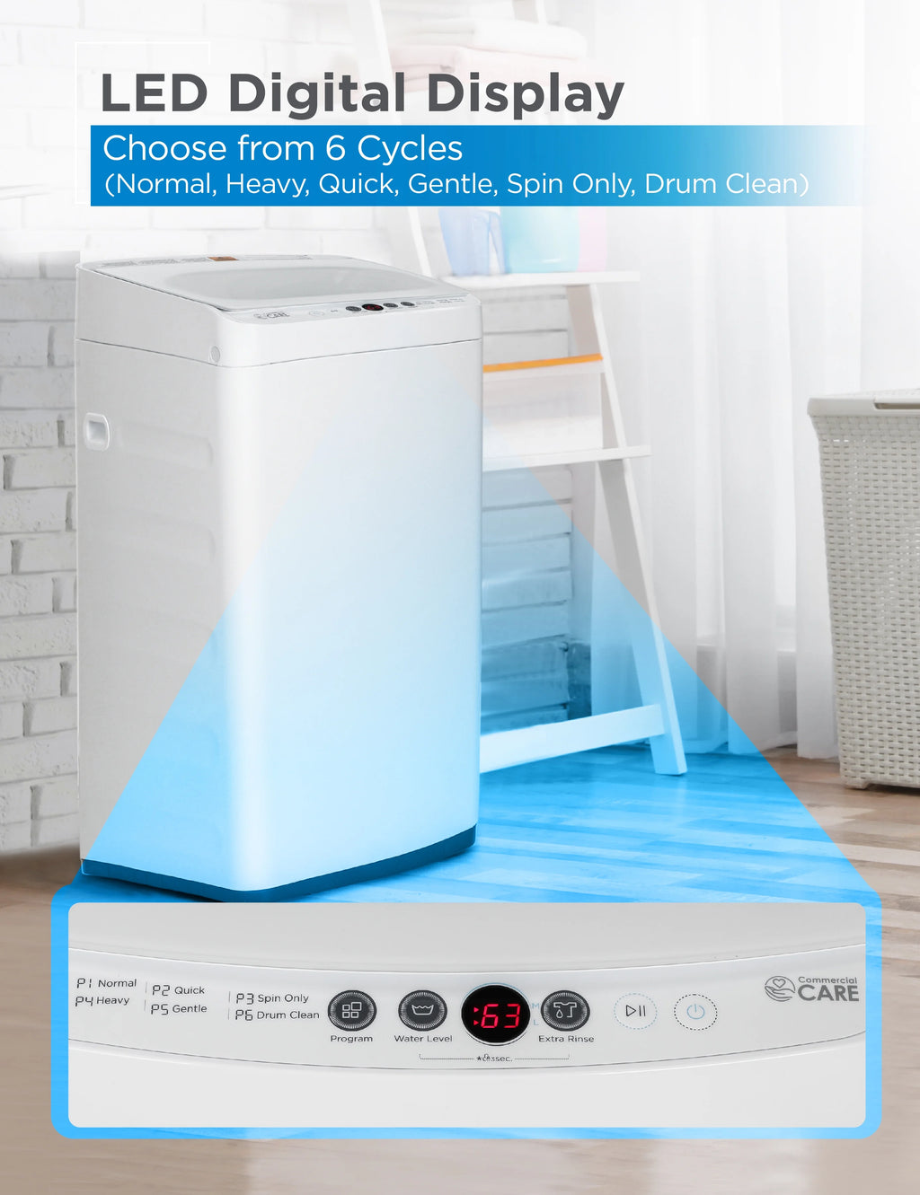 Commercial Care 0.9 Cu. Ft. Portable Washing Machine, Compact Washing Machine with 6 Wash Cycles, White