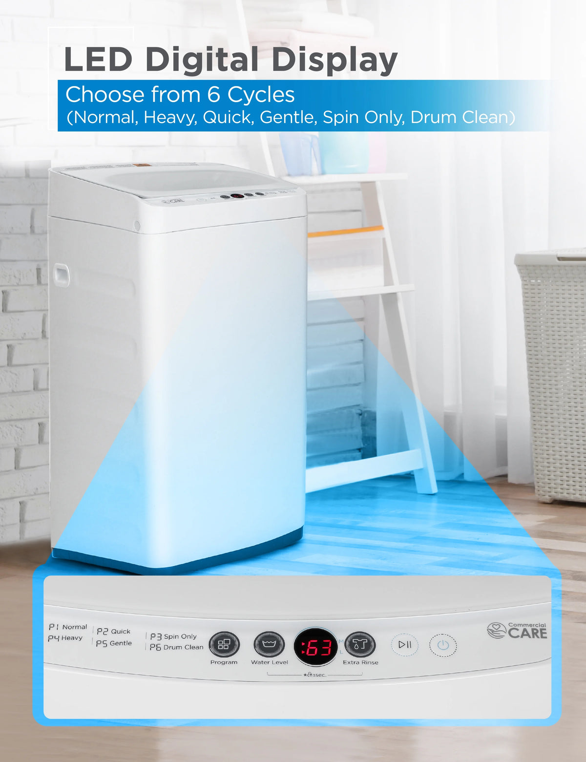 Commercial Care 0.9 Cu. Ft. Portable Washing Machine, Compact Washing Machine with 6 Wash Cycles, White
