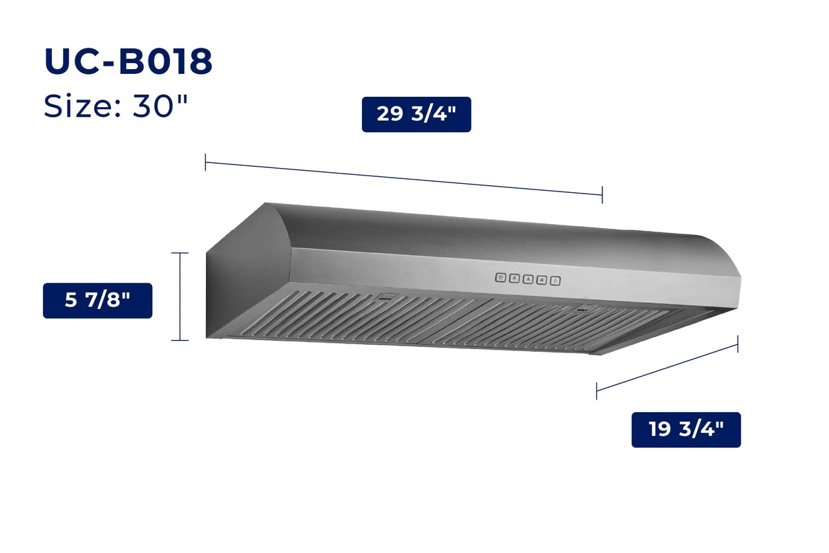 Hauslane Chef Series 30" B018 Convertible Under Cabinet Range Hood 120 Volts Minimalist 3-Way Venting 250 CFM Aluminum Filters LED Stainless Steel