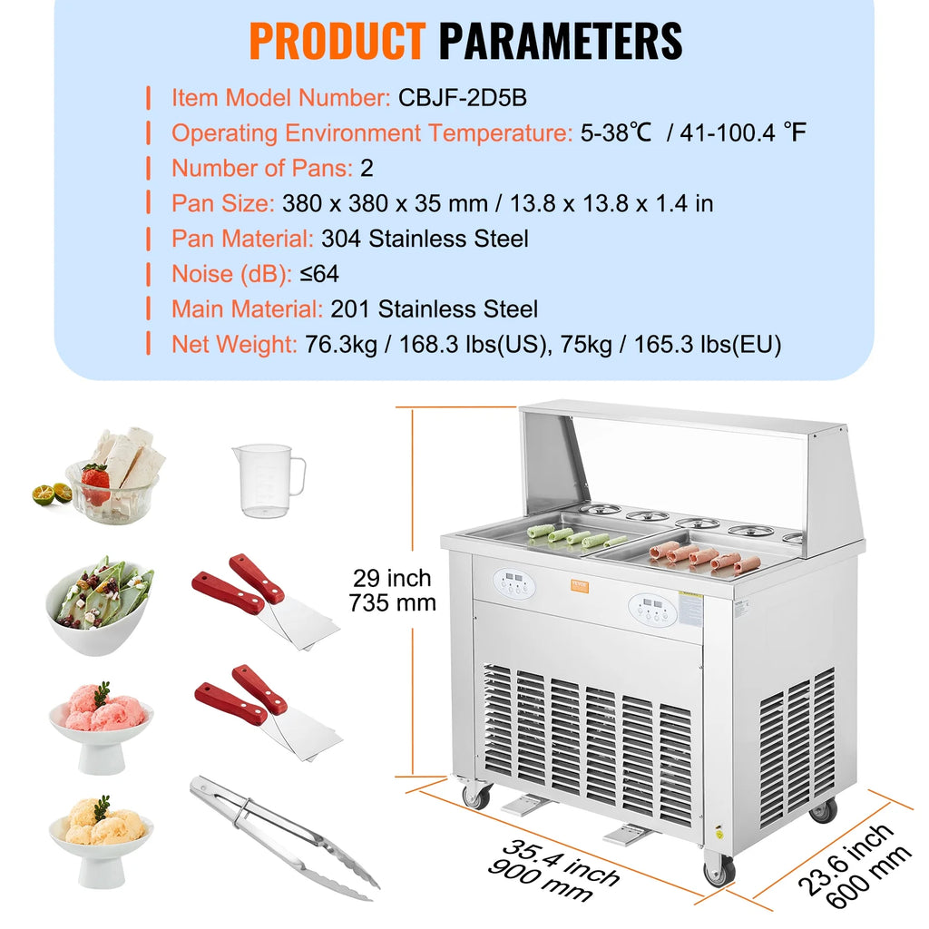 KFFKFF Fried Ice Cream Roll Machine - A Rolled Ice Cream Maker with Two 13.8x13.8 Inch Pans