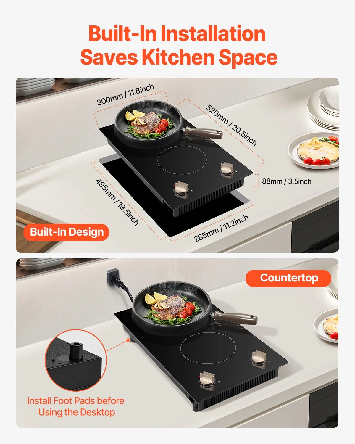 KFFKFF 12 Inch Induction Stove, 1800W 2 Burner Electric Cooktop Built-in Stove top with Knob-Controlled, 12 Heat Levels, Glass Top, Automatic Power-Off