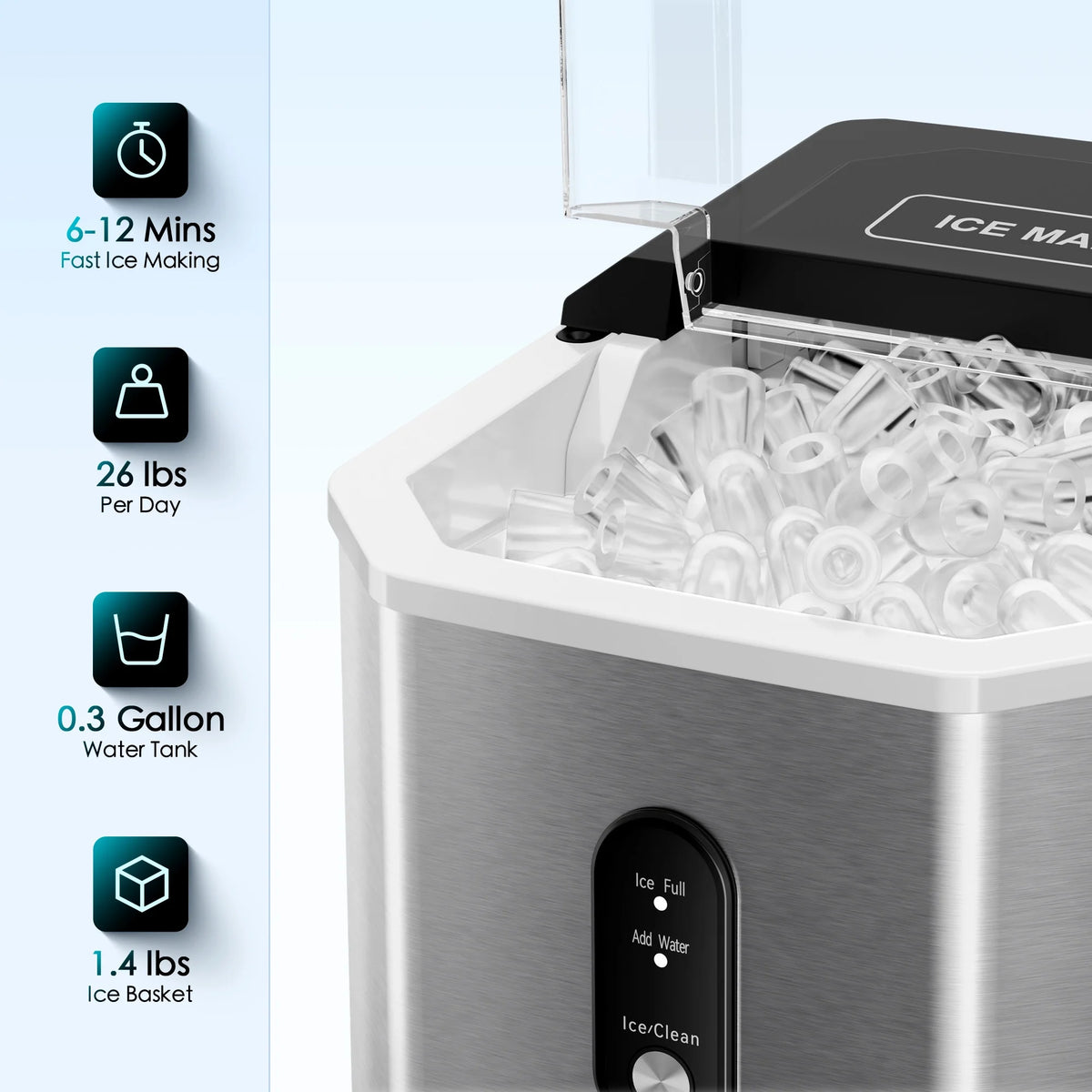 Fenbeli 26lbs/24H Countertop Ice Maker Machine with Handle, Portable Ice Maker Machine with Auto-Cleaning, Black