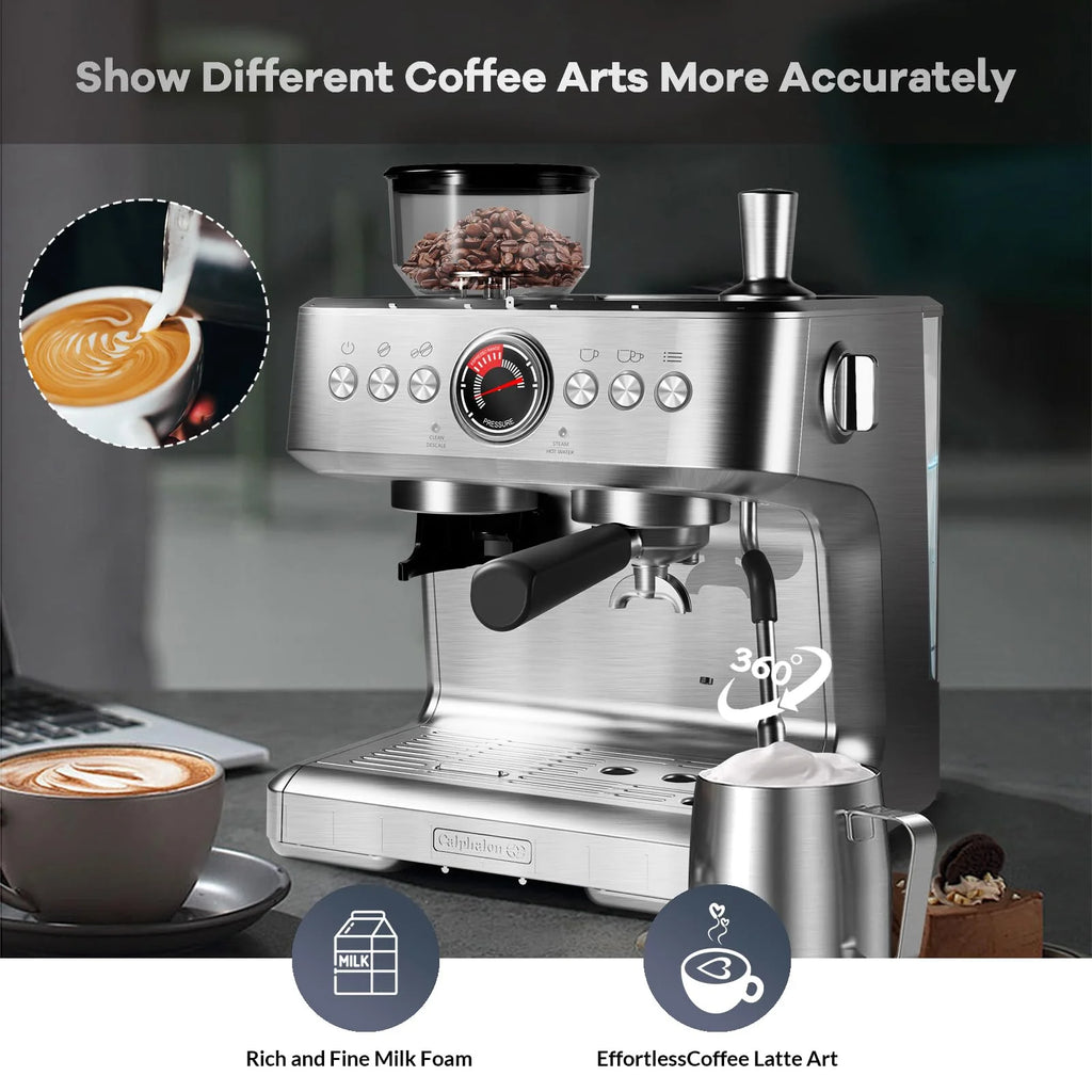 Danolapsi Espresso Coffee Machine,Espresso Machines with Grinder,20 Bar Professional Coffee Maker with Milk Frother Steam Wand,2.8L Water Tank,15 Grinding Setting Espresso Cappuccino/Latte Maker