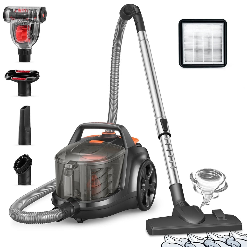 Canister Vacuum Cleaner, 30Kpa Powerful Suction, Bagless with 3.7QT Large Dust Cup, Auto Cord Rewind, HEPA Filter, 5 Attachments, Lightweight Vacuum for Pet Hair, Hard Floors & Car