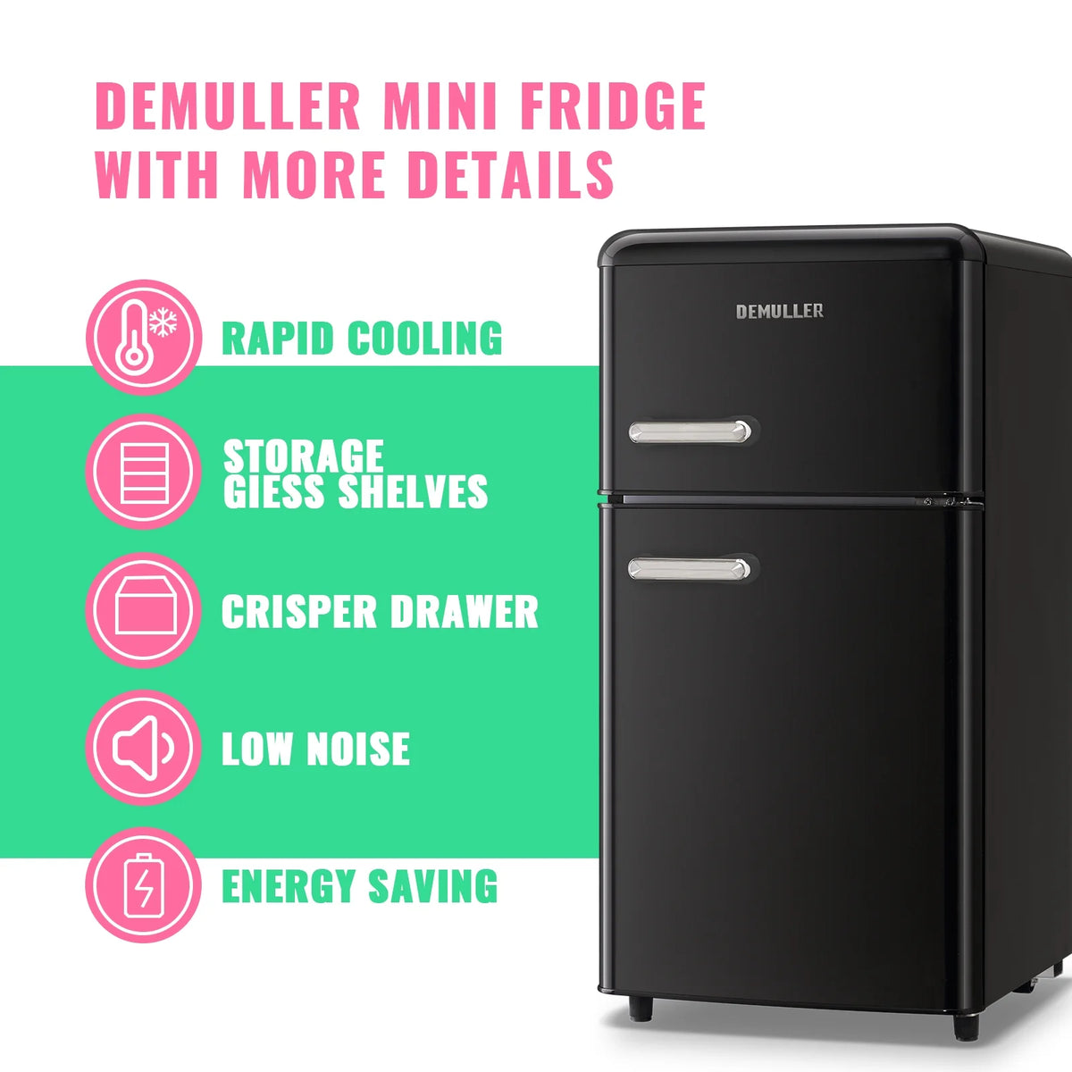 DEMULLER 3.5 Cu. ft Mini Fridge Double Door  Refrigerator  7 Adjustable Temperature Control Black