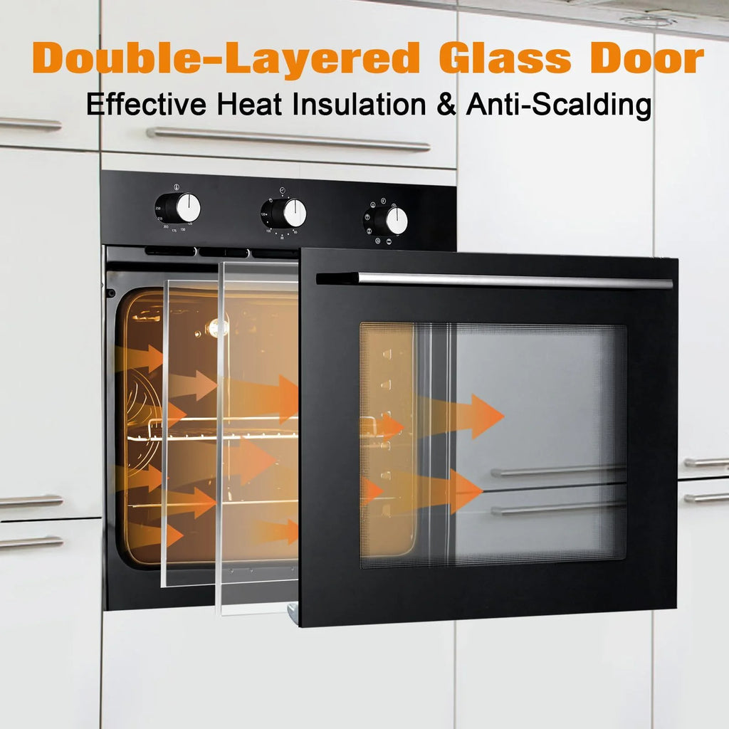 RIEDHOFF 24�?Single Wall Oven, 2.5 Cu.Ft Built-in Electric Single Wall Ovens with Mechanical Knobs, Double-Layered Glass Door, 5 Cooking Functions, 3000W 240V Ideal for Kitchen Oven