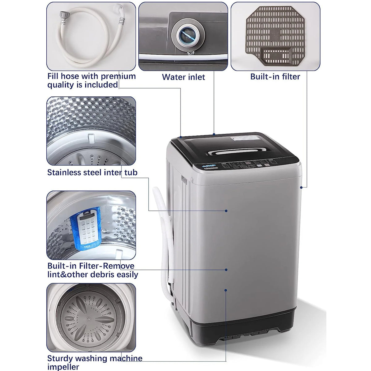 Full-Automatic Washing Machine, Portable Laundry Washer, Compact 17.7 lbs, LED Display, Drain Pump, 10 Wash Programs 8 Water Levels