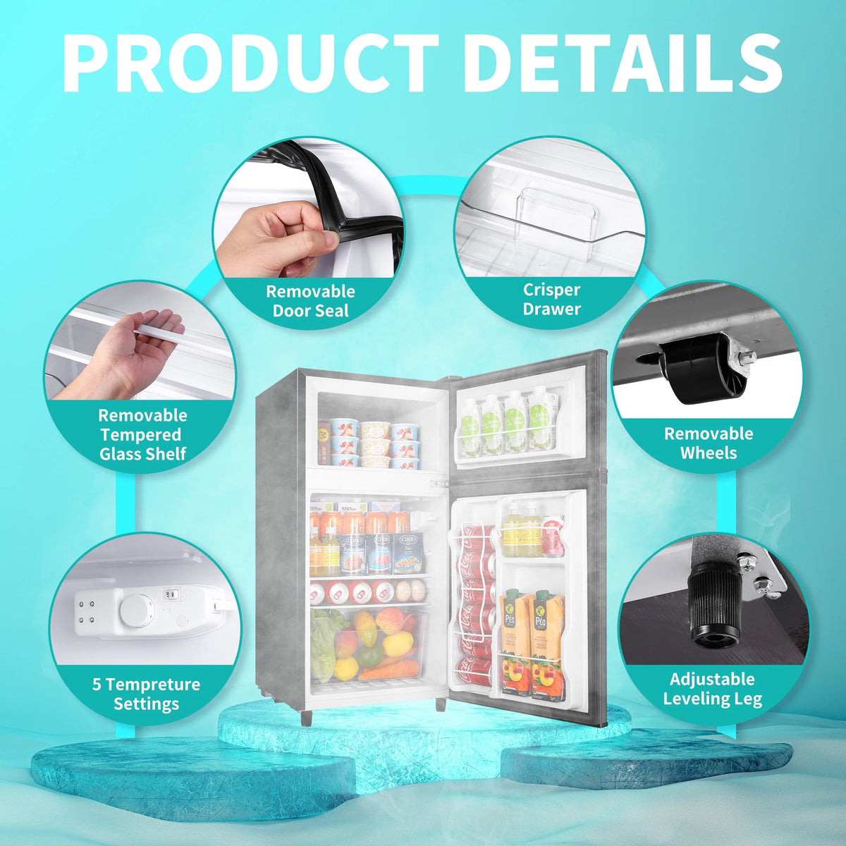 CALLIEVER Compact Mini Fridge with Freezer, 3.5 Cu.Ft 2-Door Refrigerator �C Ideal for Dorm, Office, Bedroom �C 7 Temp Settings, Adjustable Shelves,Silver