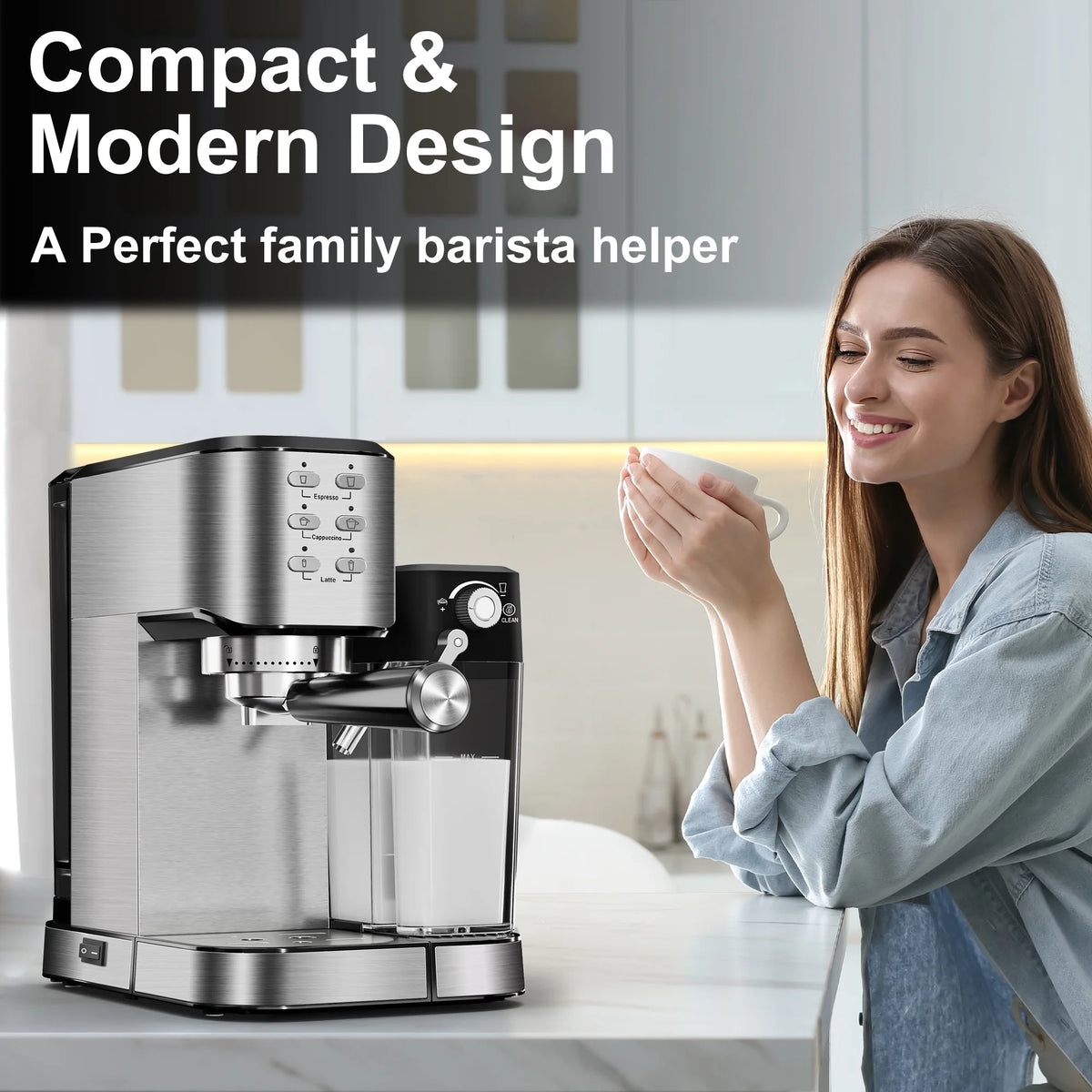 Bluebow 6-in-1 Espresso Machine, 20 BAR Cappuccino & Latte Machine with Built-In Milk Frother, One-Touch Single/Double Shot, 1350W, Stainless Steel