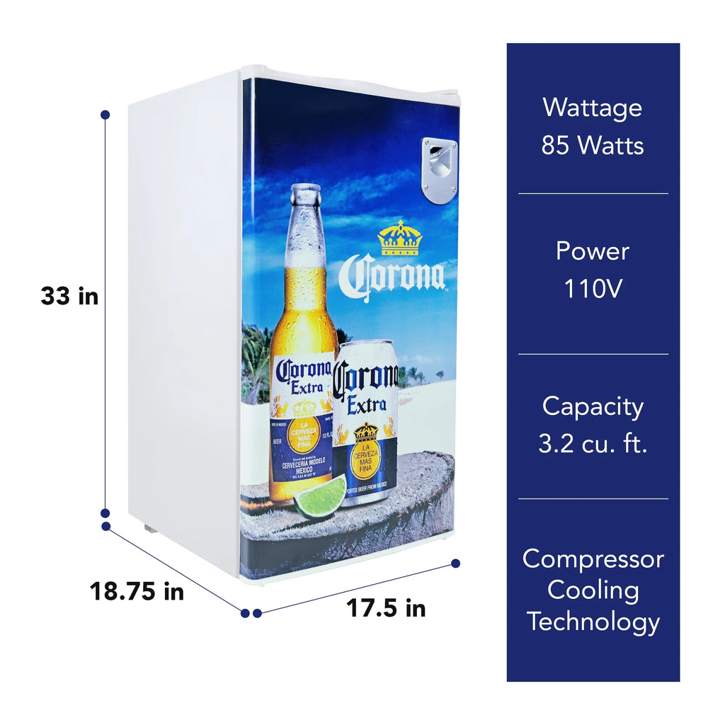 Corona Compact Fridge w/ Bottle Opener, 3.2 cu ft (90L), White