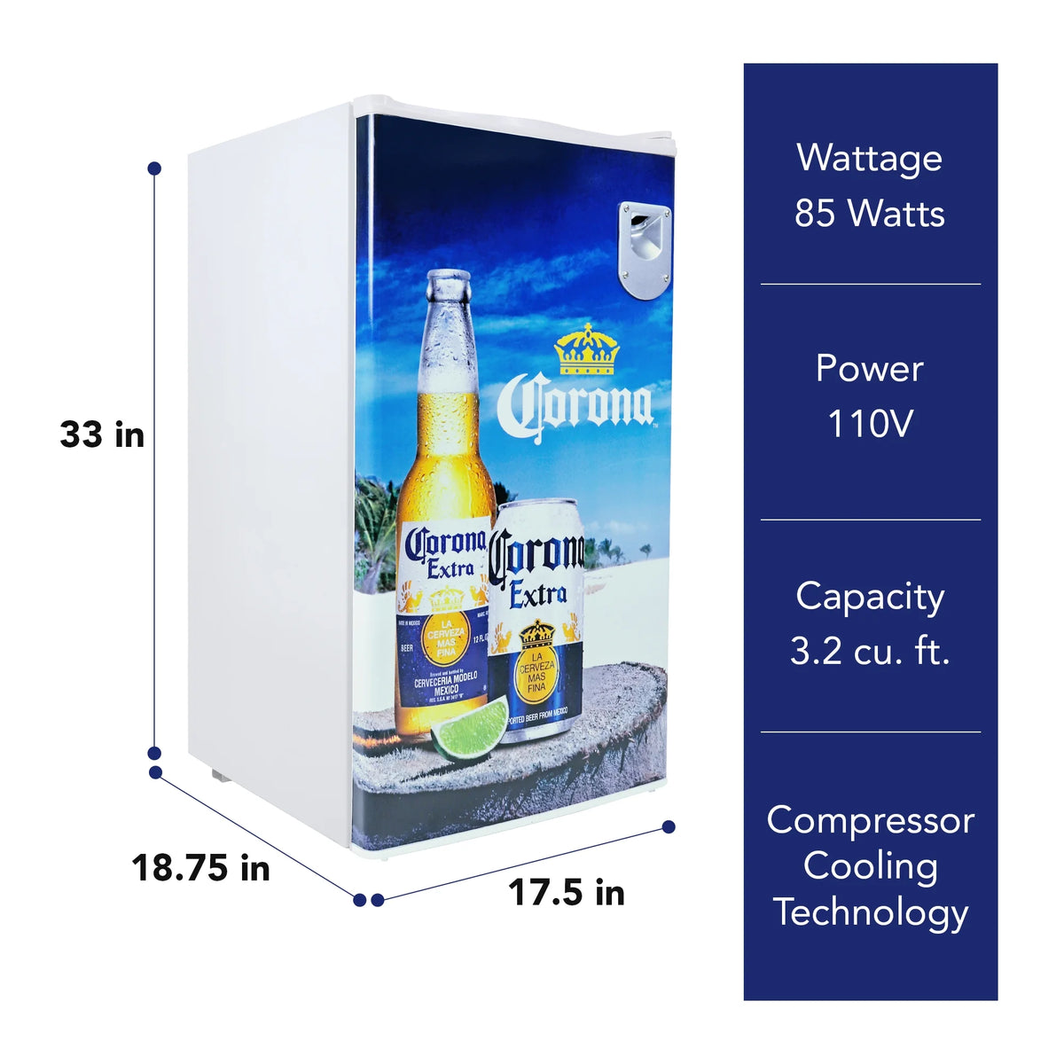 Corona Compact Fridge w/ Bottle Opener, 3.2 cu ft (90L), White