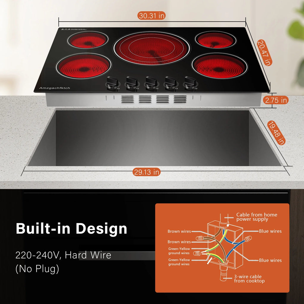 30in 5-Burner Built-In Electric Cooktop 9000W, Knob Control Ceramic Stove Easy Clean, No Radiation Family-Safe