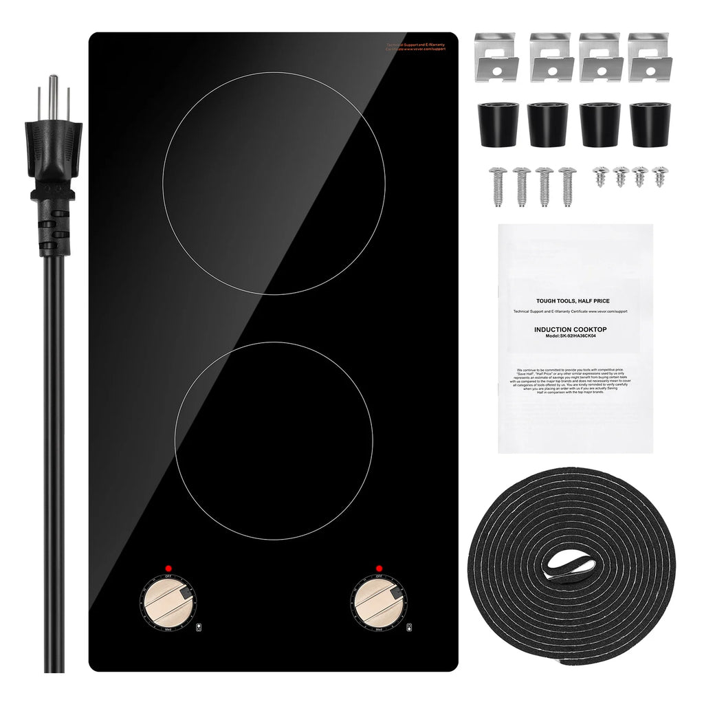 KFFKFF 12 Inch Induction Stove, 1800W 2 Burner Electric Cooktop Built-in Stove top with Knob-Controlled, 12 Heat Levels, Glass Top, Automatic Power-Off